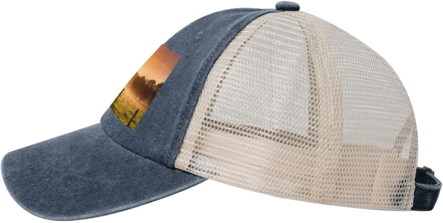 Pasture at Sundown in Orange Sunny Beams Printed Cowboy Mesh Baseball Cap â€” Adjustable mesh