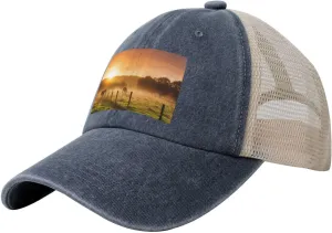 Pasture at Sundown in Orange Sunny Beams Printed Cowboy Mesh Baseball Cap â€” Adjustable mesh