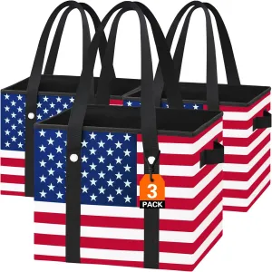 Patriotic Reusable Grocery Bags - Heavy Duty Reusable Shopping Bags with Hard Bottom & Long Handles, Foldable Large Tote Bags with Box Shape to Stand Up, 3 Pack, Patriotic