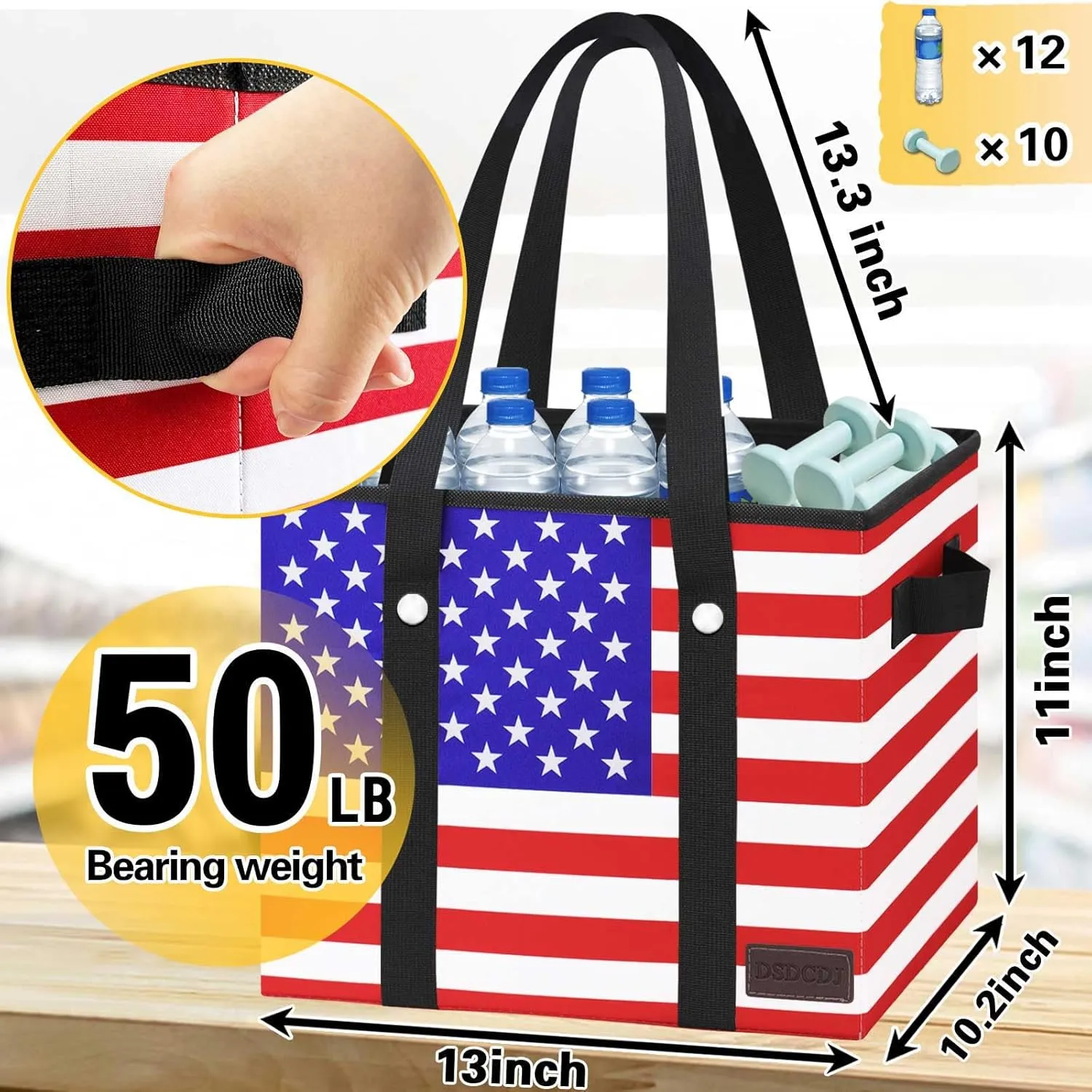 Patriotic Reusable Grocery Bags - Heavy Duty Reusable Shopping Bags with Hard Bottom & Long Handles, Foldable Large Tote Bags with Box Shape to Stand Up, 3 Pack, Patriotic