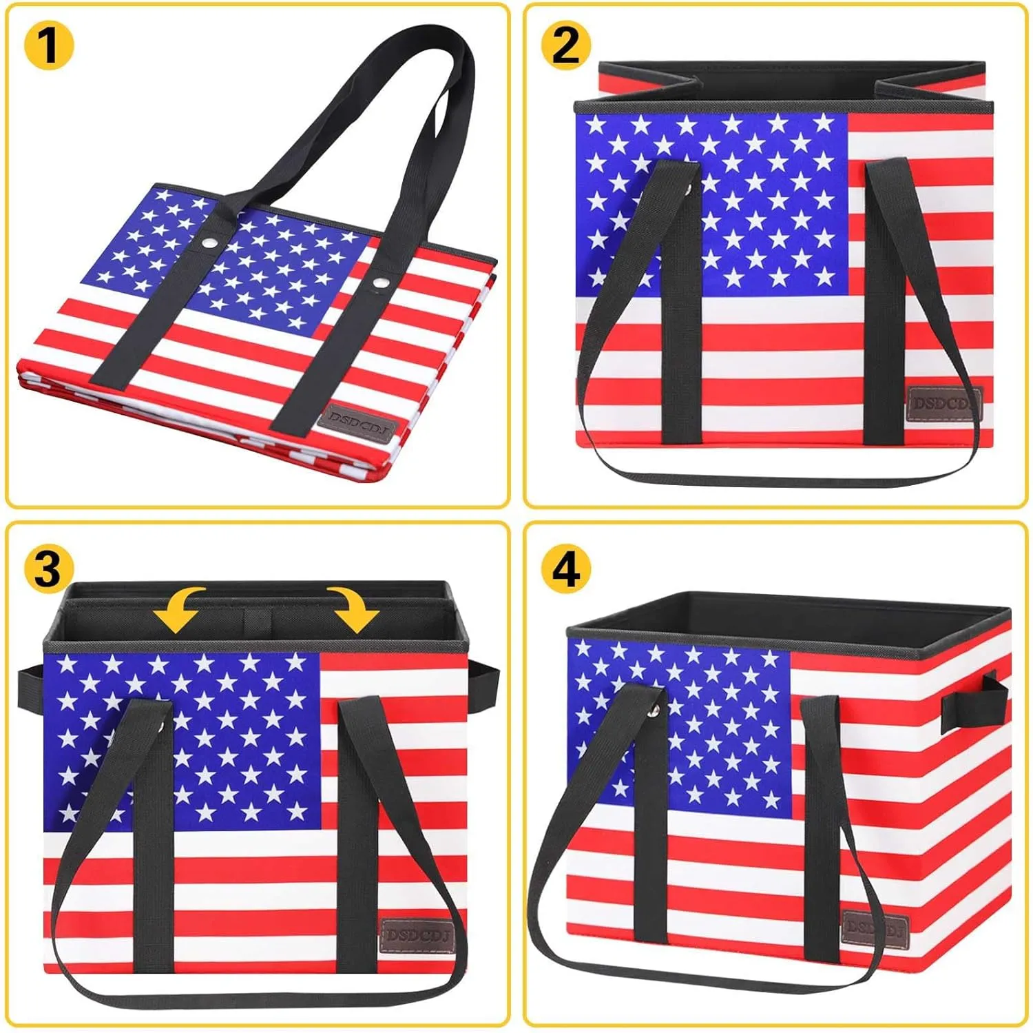 Patriotic Reusable Grocery Bags - Heavy Duty Reusable Shopping Bags with Hard Bottom & Long Handles, Foldable Large Tote Bags with Box Shape to Stand Up, 3 Pack, Patriotic