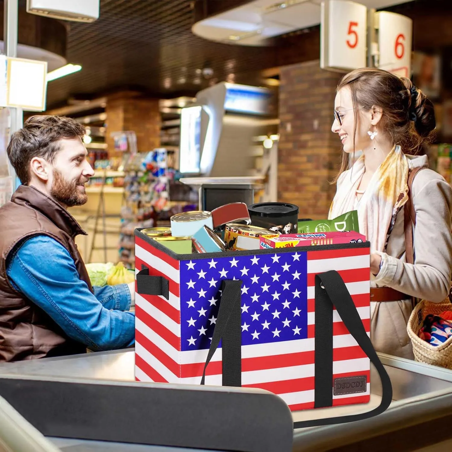 Patriotic Reusable Grocery Bags - Heavy Duty Reusable Shopping Bags with Hard Bottom & Long Handles, Foldable Large Tote Bags with Box Shape to Stand Up, 3 Pack, Patriotic