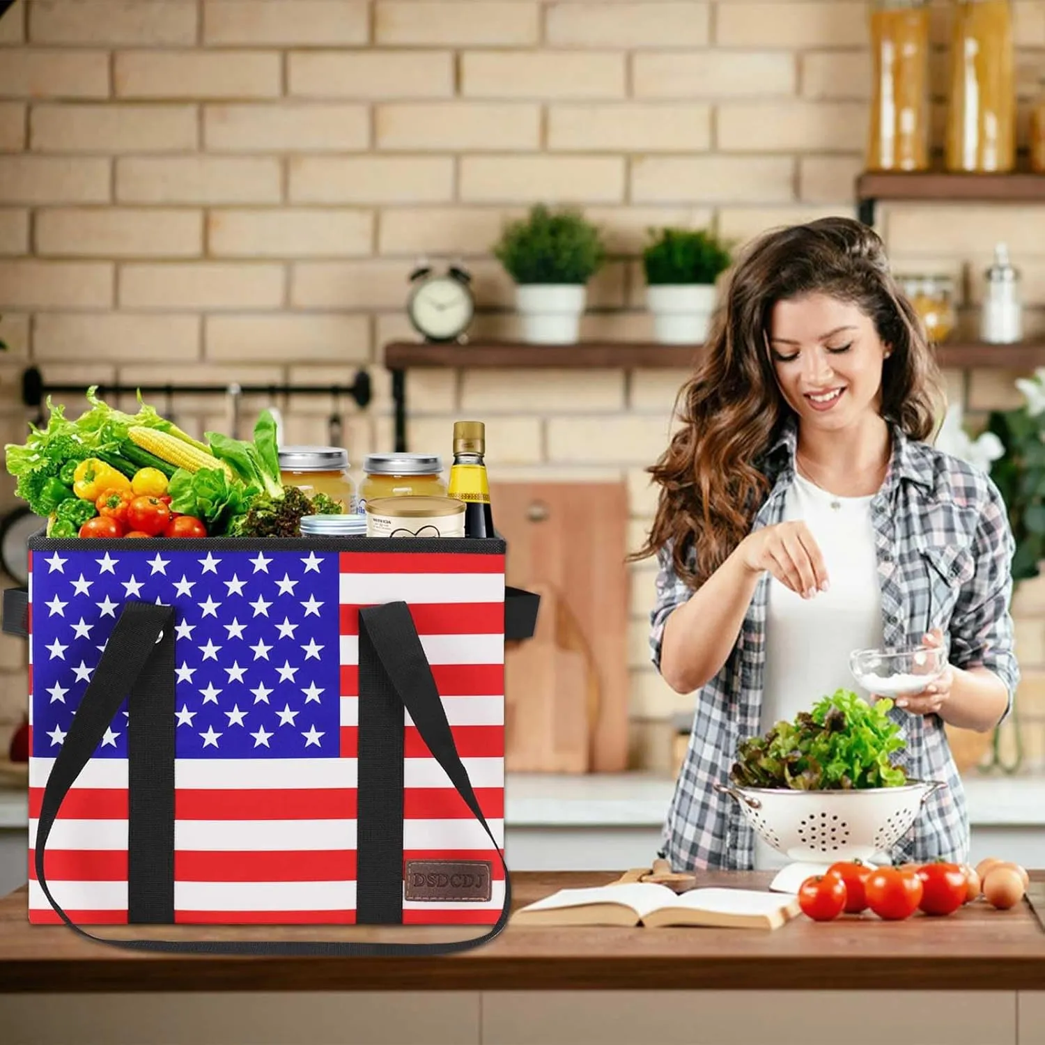 Patriotic Reusable Grocery Bags - Heavy Duty Reusable Shopping Bags with Hard Bottom & Long Handles, Foldable Large Tote Bags with Box Shape to Stand Up, 3 Pack, Patriotic