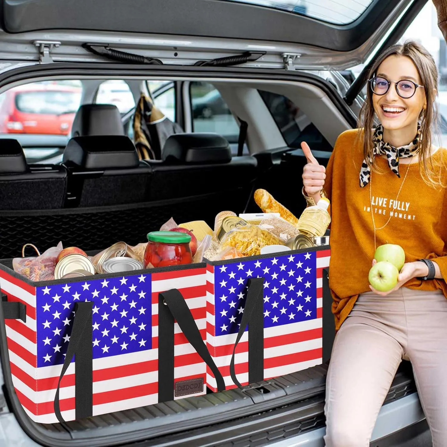 Patriotic Reusable Grocery Bags - Heavy Duty Reusable Shopping Bags with Hard Bottom & Long Handles, Foldable Large Tote Bags with Box Shape to Stand Up, 3 Pack, Patriotic