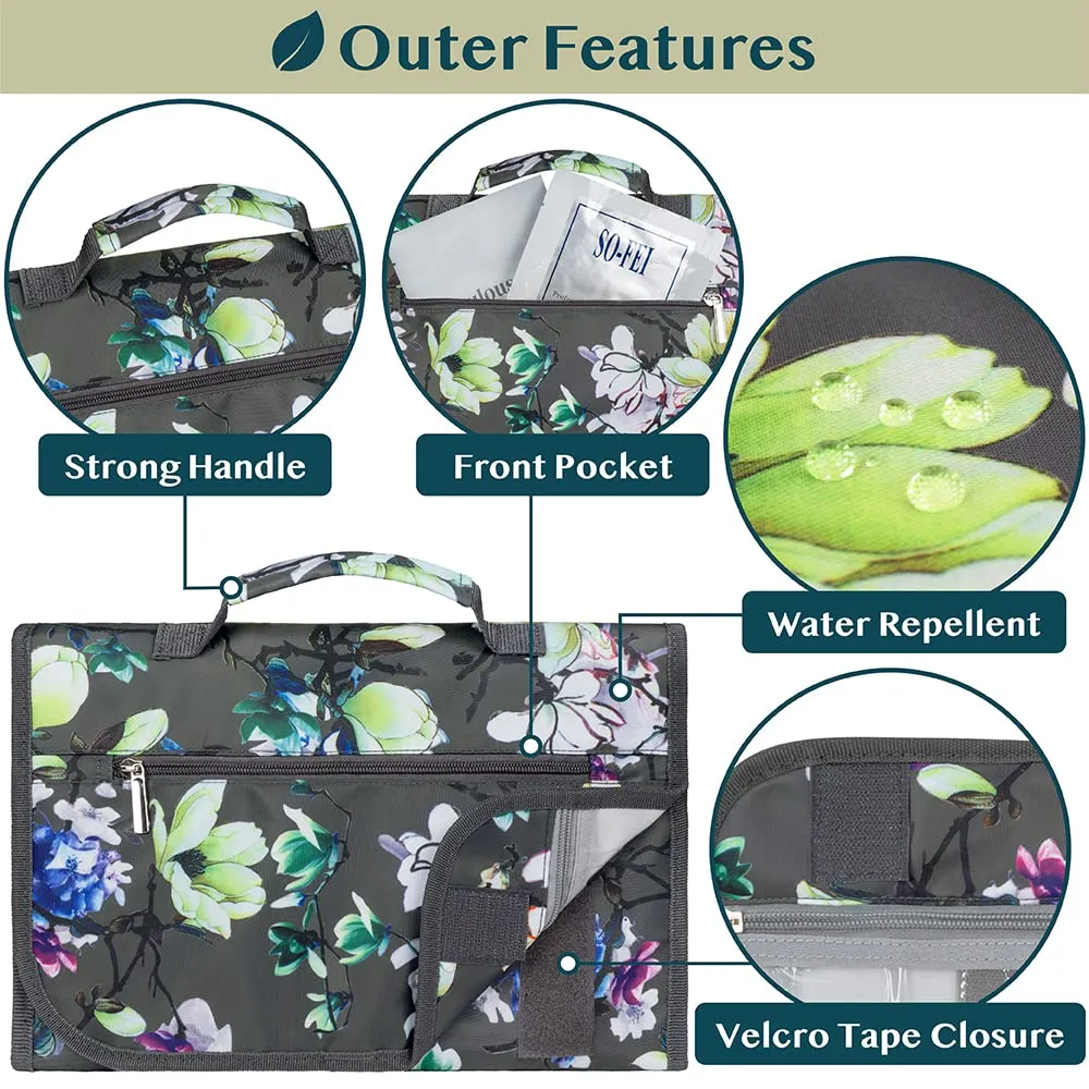 PAVILIA Hanging Toiletry Bag Women Men, Travel Kit Foldable Large Toiletries Organizer, Roll up Cosmetics Makeup Bag Accessories, Waterproof Essentials Jewelry Case (Floral Grey)