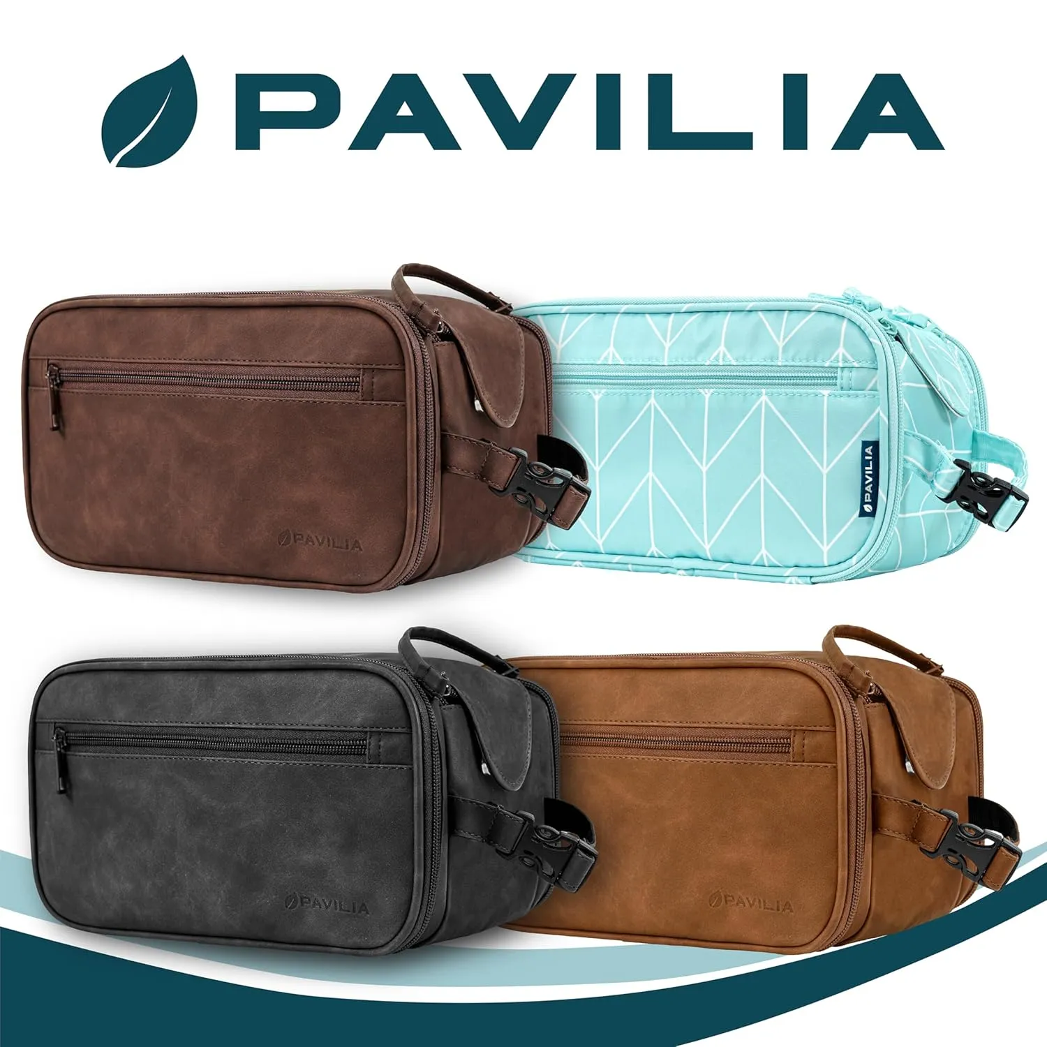 PAVILIA Toiletry Bag for Men Women, Mens Travel Bag Toiletries Organizer Case for Grooming, Travel Essentials Shaving Dopp Kit, PU Leather Water Resistant Cosmetic Pouch, Black