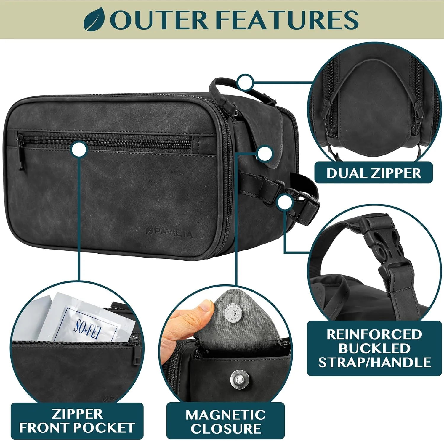 PAVILIA Toiletry Bag for Men Women, Mens Travel Bag Toiletries Organizer Case for Grooming, Travel Essentials Shaving Dopp Kit, PU Leather Water Resistant Cosmetic Pouch, Black