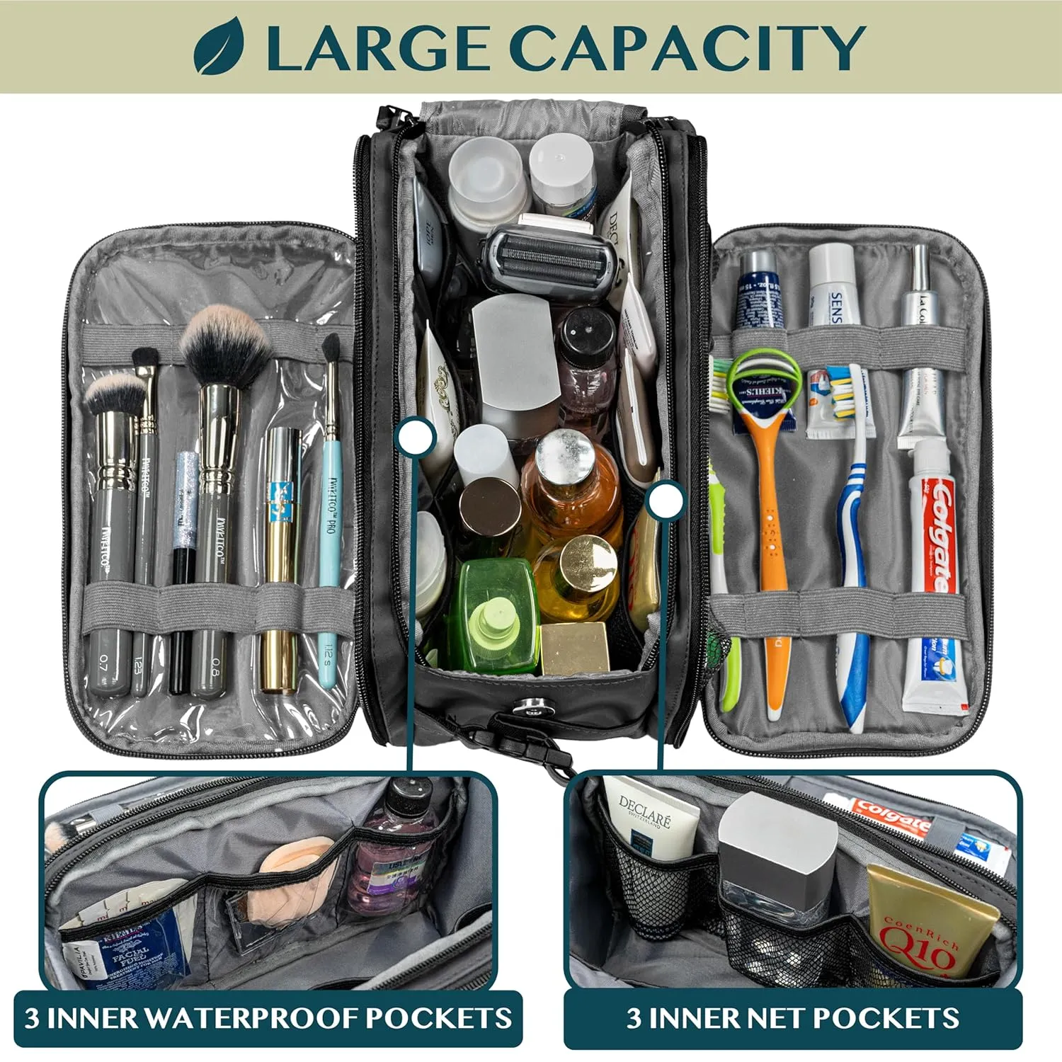 PAVILIA Toiletry Bag for Men Women, Mens Travel Bag Toiletries Organizer Case for Grooming, Travel Essentials Shaving Dopp Kit, PU Leather Water Resistant Cosmetic Pouch, Black