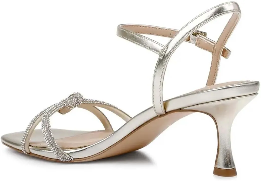 Pazzion Women Metallic Sandal with Rhinestone Knot Straps Square Open Toe Kitten Low Heels Evening Cocktail Shoes Size 4-16 US