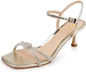 Pazzion Women Metallic Sandal with Rhinestone Knot Straps Square Open Toe Kitten Low Heels Evening Cocktail Shoes Size 4-16 US