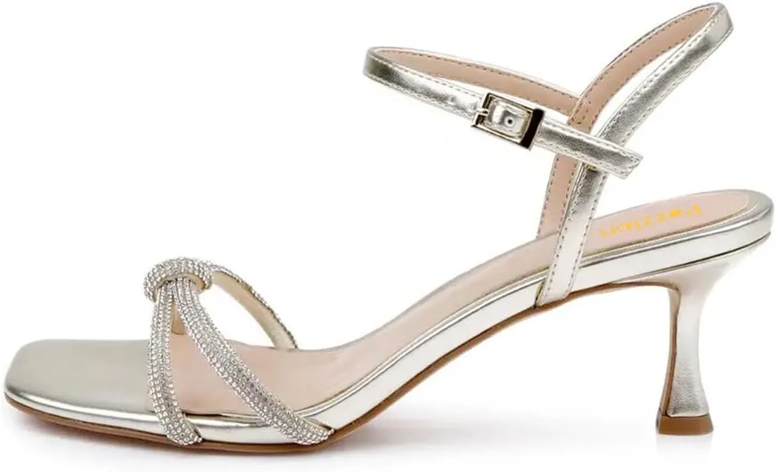 Pazzion Women Metallic Sandal with Rhinestone Knot Straps Square Open Toe Kitten Low Heels Evening Cocktail Shoes Size 4-16 US