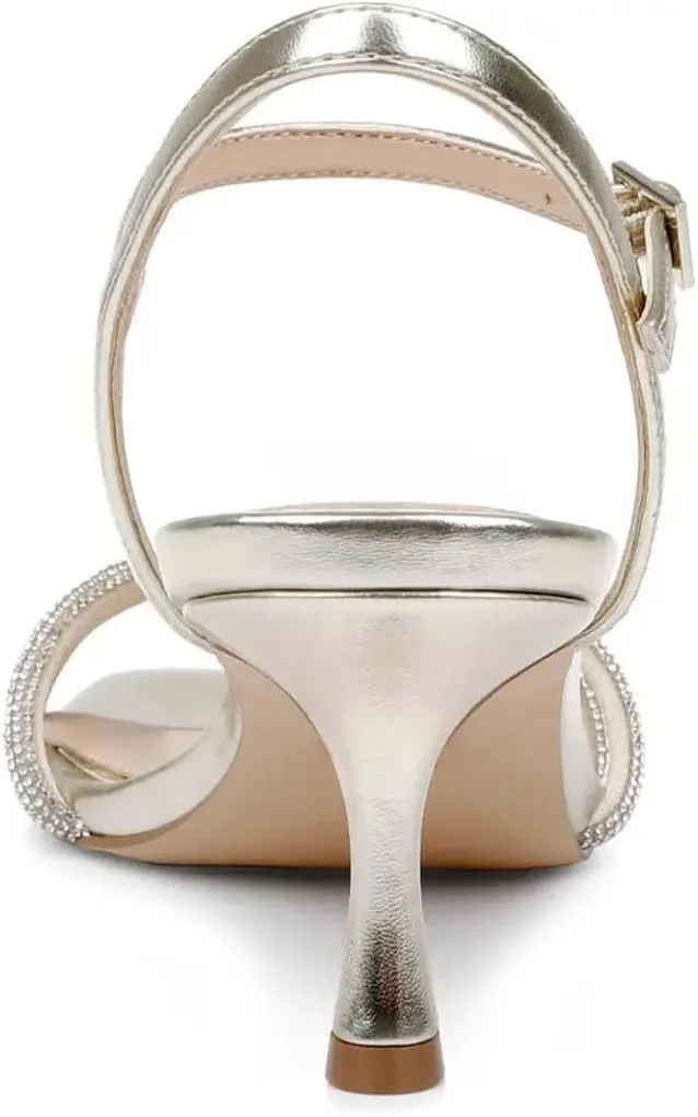 Pazzion Women Metallic Sandal with Rhinestone Knot Straps Square Open Toe Kitten Low Heels Evening Cocktail Shoes Size 4-16 US