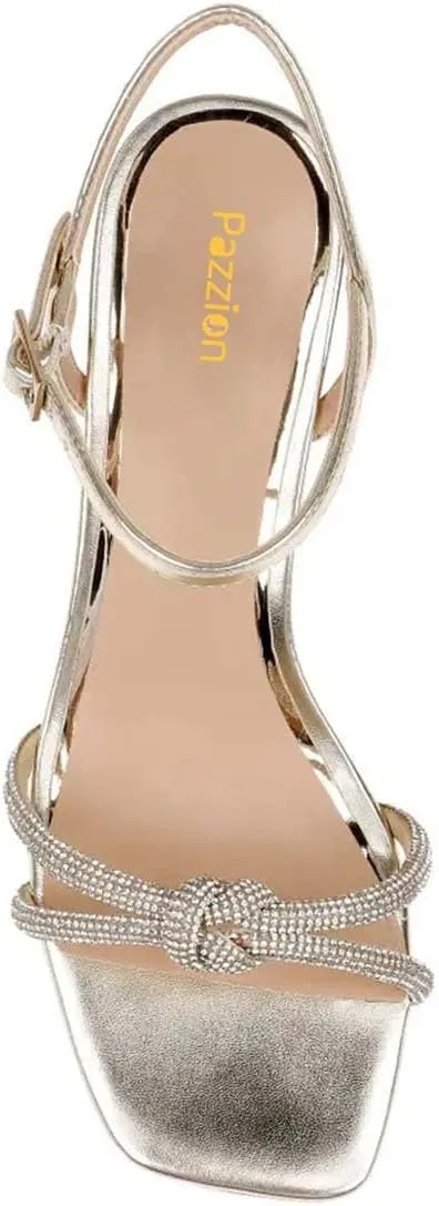 Pazzion Women Metallic Sandal with Rhinestone Knot Straps Square Open Toe Kitten Low Heels Evening Cocktail Shoes Size 4-16 US
