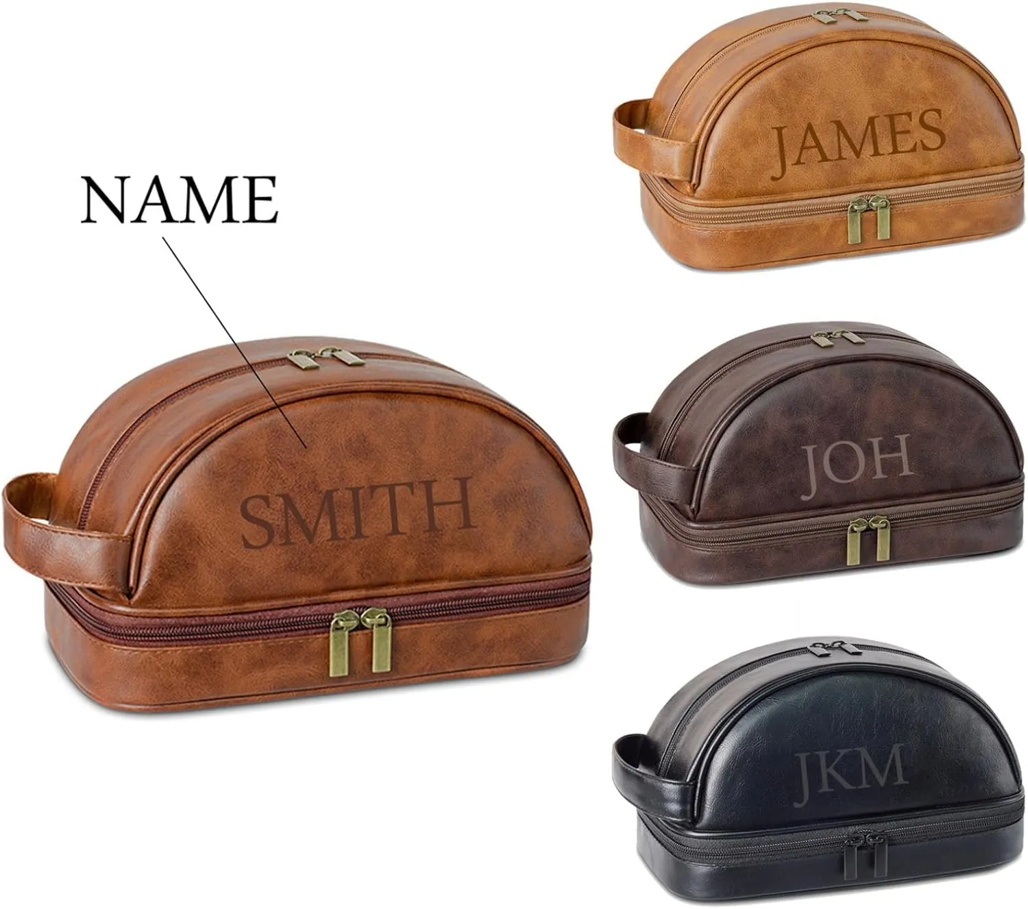 Personalized Leather Toiletry Bag for Men, Engraved Name, Customized Gift for Birthday, Dad, Husband, Grandpa, Lover, Groomsmen, Travel & Toiletry Use (Tea Brown)