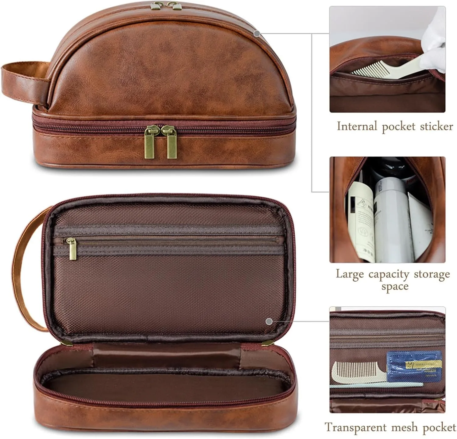 Personalized Leather Toiletry Bag for Men, Engraved Name, Customized Gift for Birthday, Dad, Husband, Grandpa, Lover, Groomsmen, Travel & Toiletry Use (Tea Brown)
