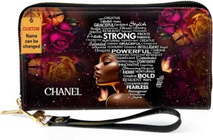 Personalized Leather Wallet For Women - Afro Map - African Pride Woman Clutch Purse - Floral Gifts For Black Women African Queen - African American Art Black Girl Bag Purse