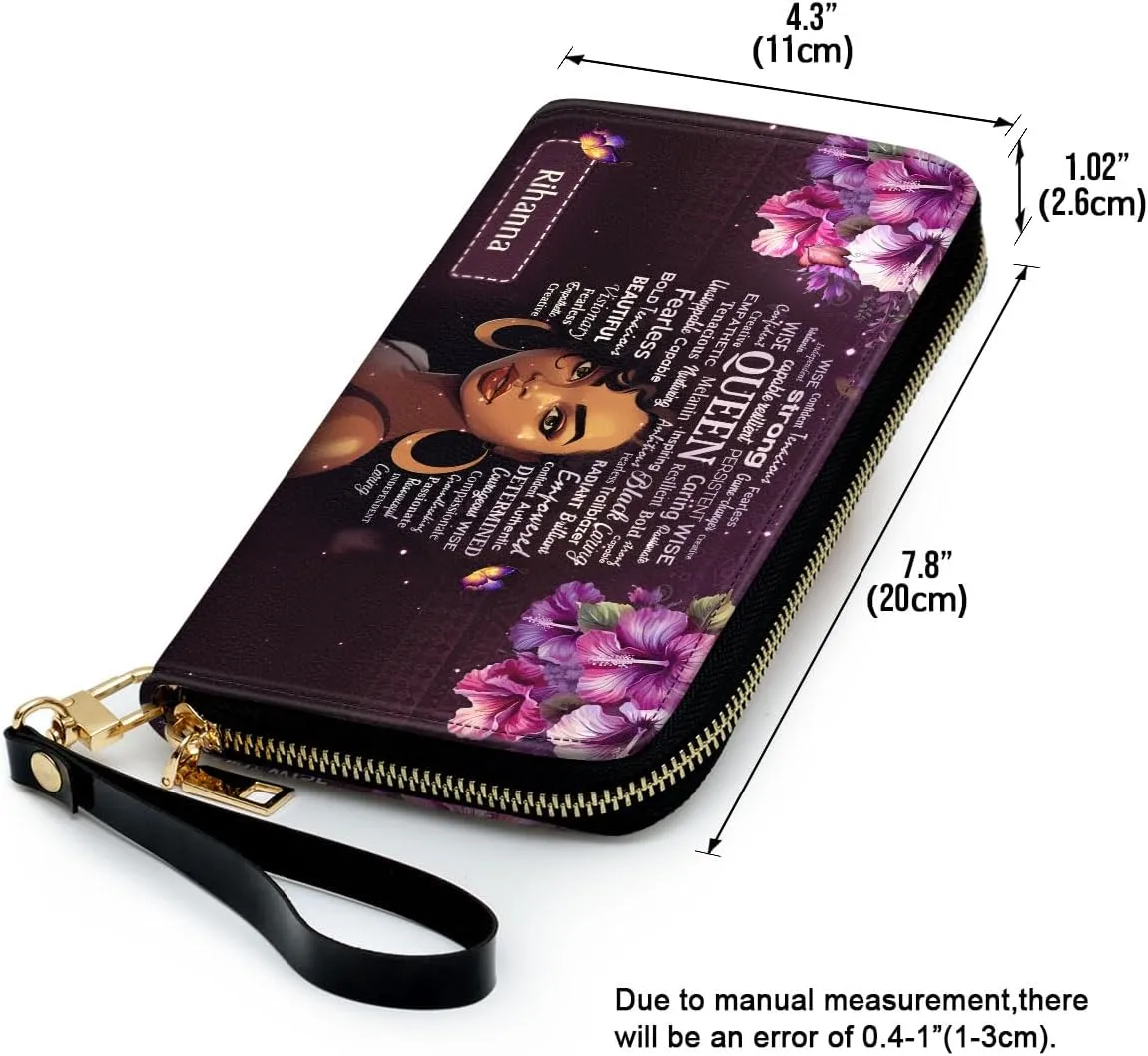 Personalized Leather Wallet For Women - Afro Queen - African Pride Woman Clutch Purse - Purple Gifts For Black Women African Queen - African American Art Black Girl Bag Purse