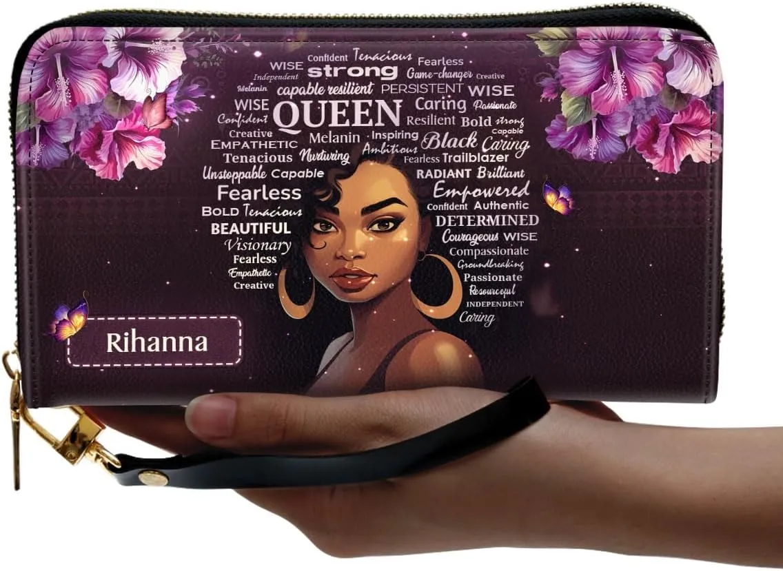 Personalized Leather Wallet For Women - Afro Queen - African Pride Woman Clutch Purse - Purple Gifts For Black Women African Queen - African American Art Black Girl Bag Purse