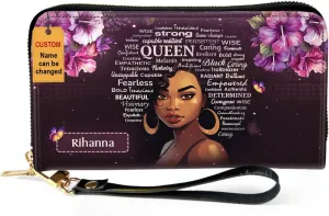 Personalized Leather Wallet For Women - Afro Queen - African Pride Woman Clutch Purse - Purple Gifts For Black Women African Queen - African American Art Black Girl Bag Purse