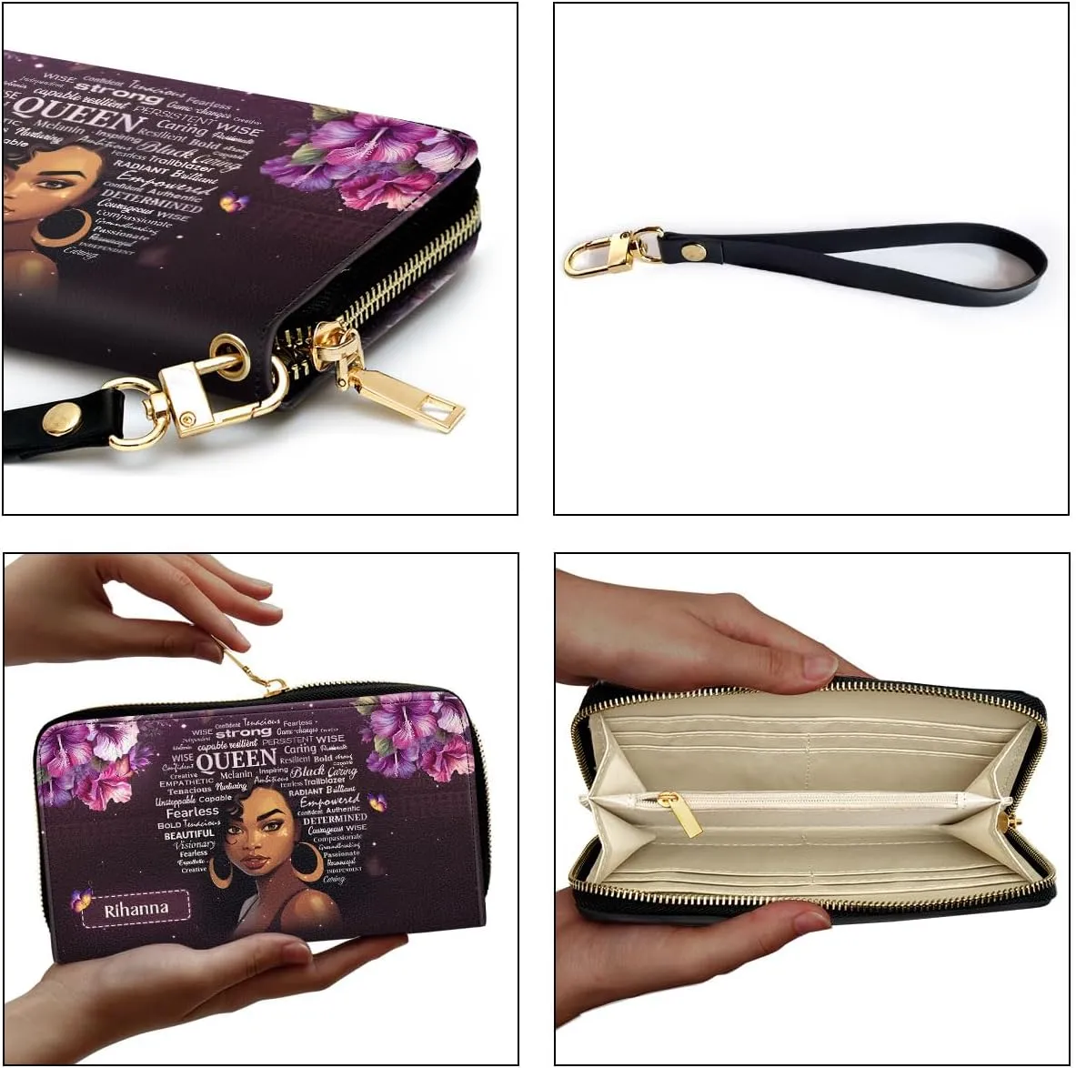 Personalized Leather Wallet For Women - Afro Queen - African Pride Woman Clutch Purse - Purple Gifts For Black Women African Queen - African American Art Black Girl Bag Purse