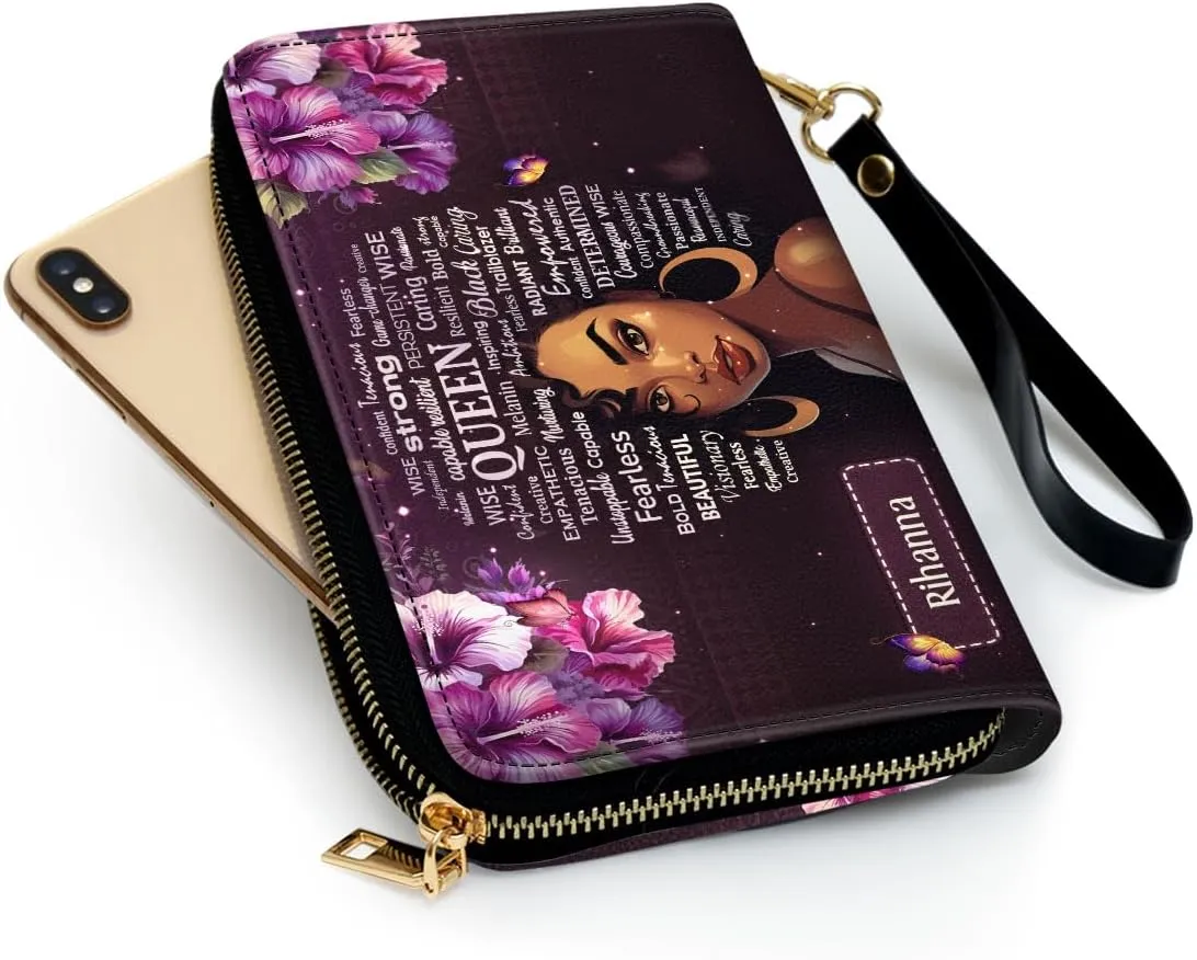 Personalized Leather Wallet For Women - Afro Queen - African Pride Woman Clutch Purse - Purple Gifts For Black Women African Queen - African American Art Black Girl Bag Purse
