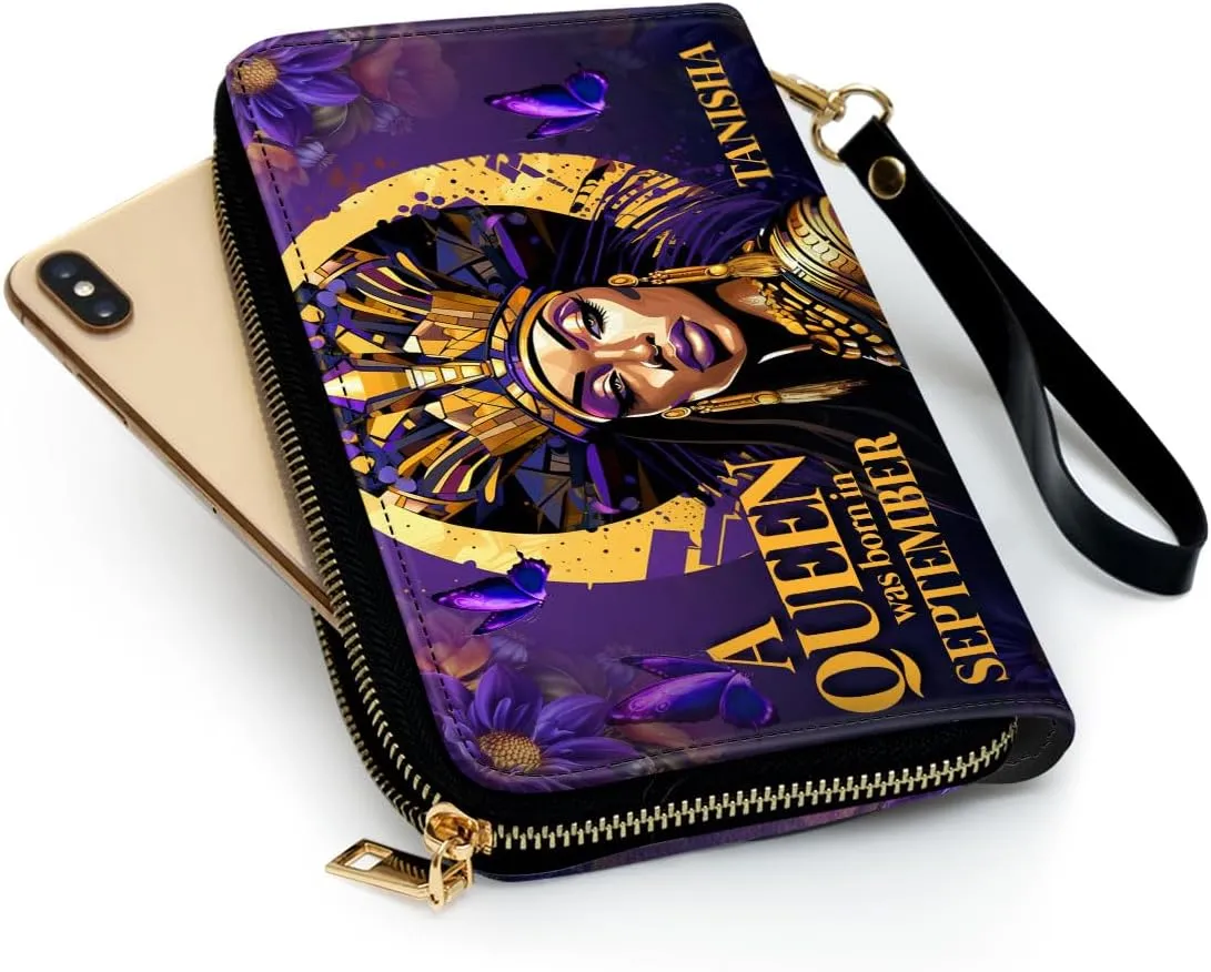 Personalized Leather Wallet For Women - Beautiful Queen African Pride Woman Clutch Purse - Gifts For Black Women - African American Art Black Girl Bag Purse