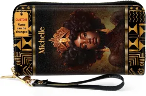Personalized Leather Wallet For Women - Black Queen - African Pride Woman Clutch Purse - Gifts For Black Women African Queen - African American Art Black Girl Bag Purse