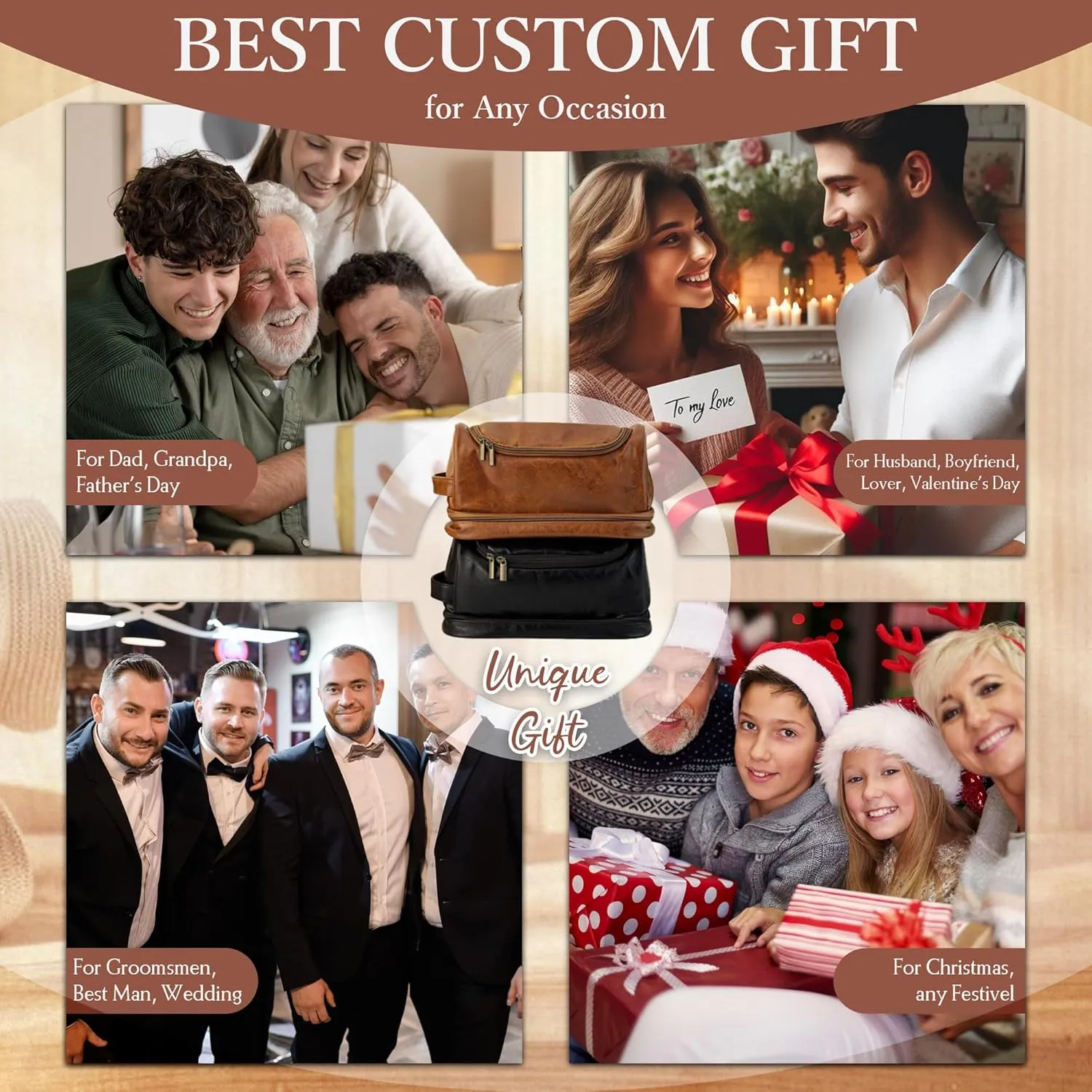 Personalized Men's Leather Toiletry Bag, Fathers Day Unique Gifts for Dad, Birthday Gift for Husband from Wife, Custom Travel Toiletry Bag for Men Dad Grandpa Groomsmen for travel