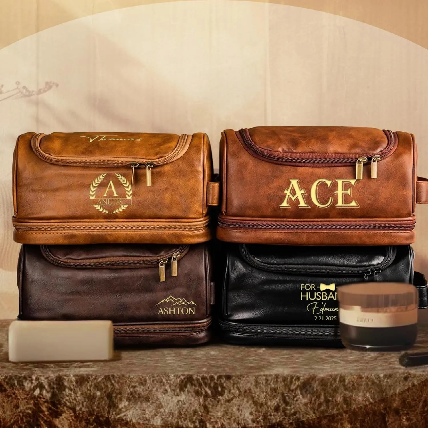 Personalized Men's Leather Toiletry Bag, Fathers Day Unique Gifts for Dad, Birthday Gift for Husband from Wife, Custom Travel Toiletry Bag for Men Dad Grandpa Groomsmen for travel