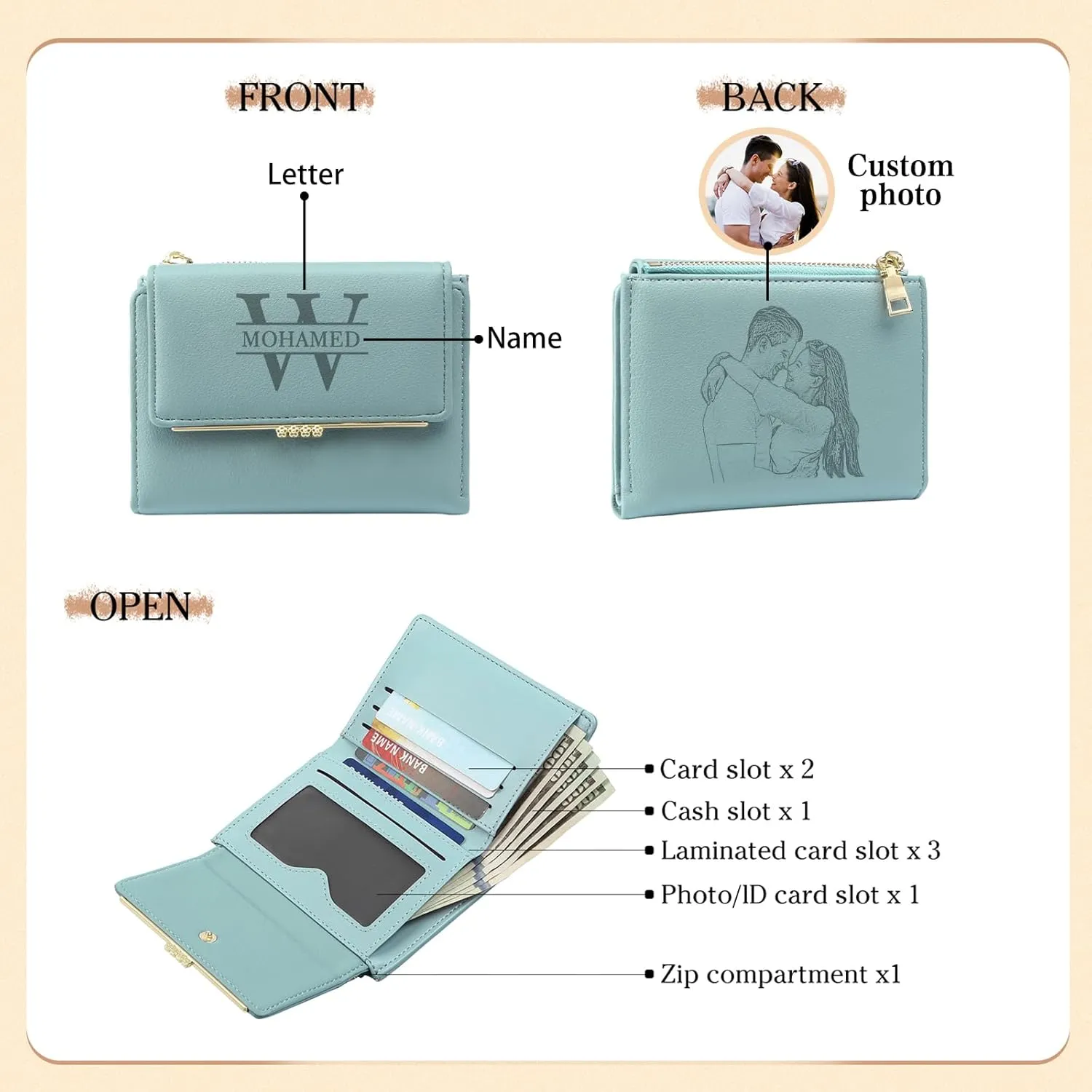 Personalized Photo Small Wallets for Women: Custom Name Picture Leather Womens Wallet - Zipper Coin Pocket Trifold Wallet - Birthday Mothers Day Christmas Gifts for Mom Grandma Ladies (Lake blue)