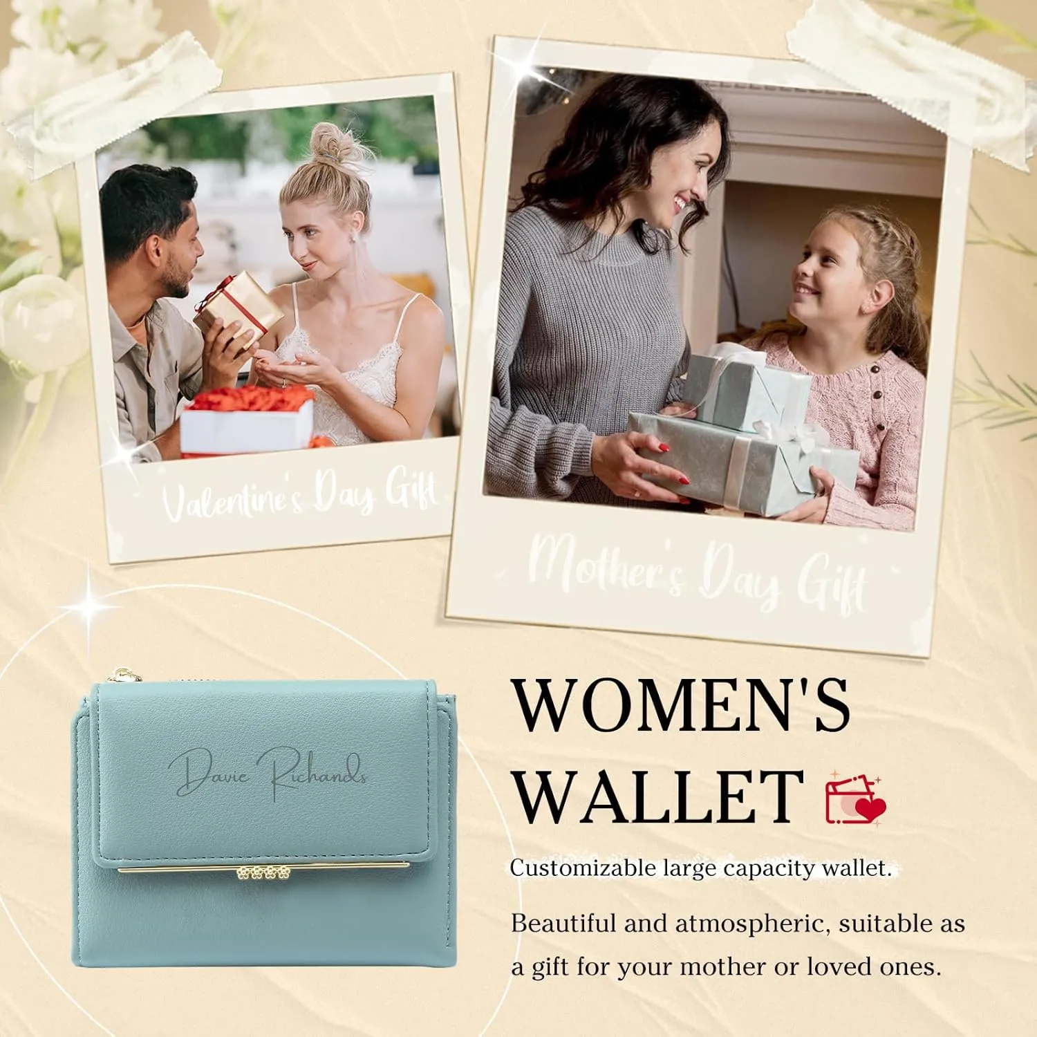 Personalized Photo Small Wallets for Women: Custom Name Picture Leather Womens Wallet - Zipper Coin Pocket Trifold Wallet - Birthday Mothers Day Christmas Gifts for Mom Grandma Ladies (Lake blue)