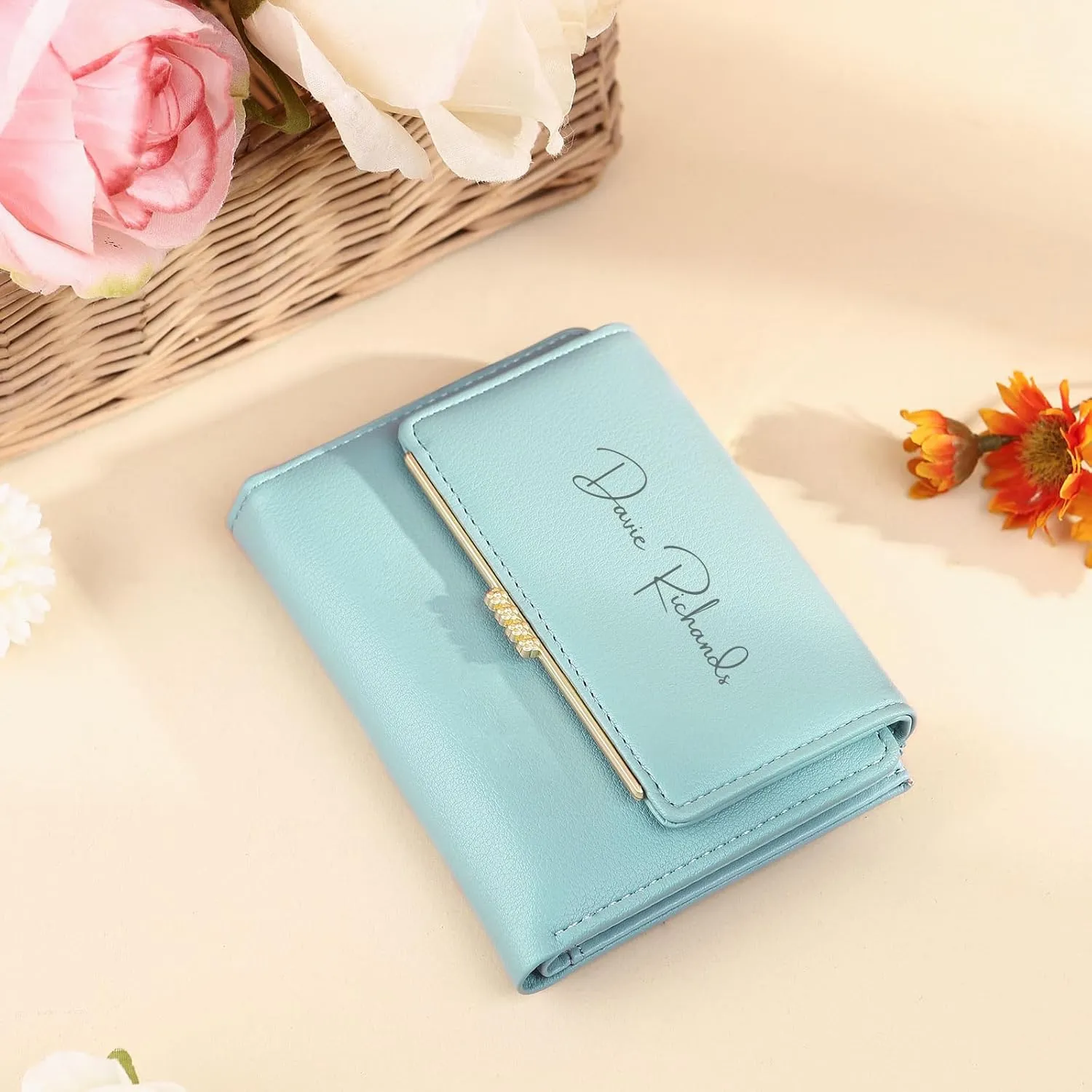 Personalized Photo Small Wallets for Women: Custom Name Picture Leather Womens Wallet - Zipper Coin Pocket Trifold Wallet - Birthday Mothers Day Christmas Gifts for Mom Grandma Ladies (Lake blue)