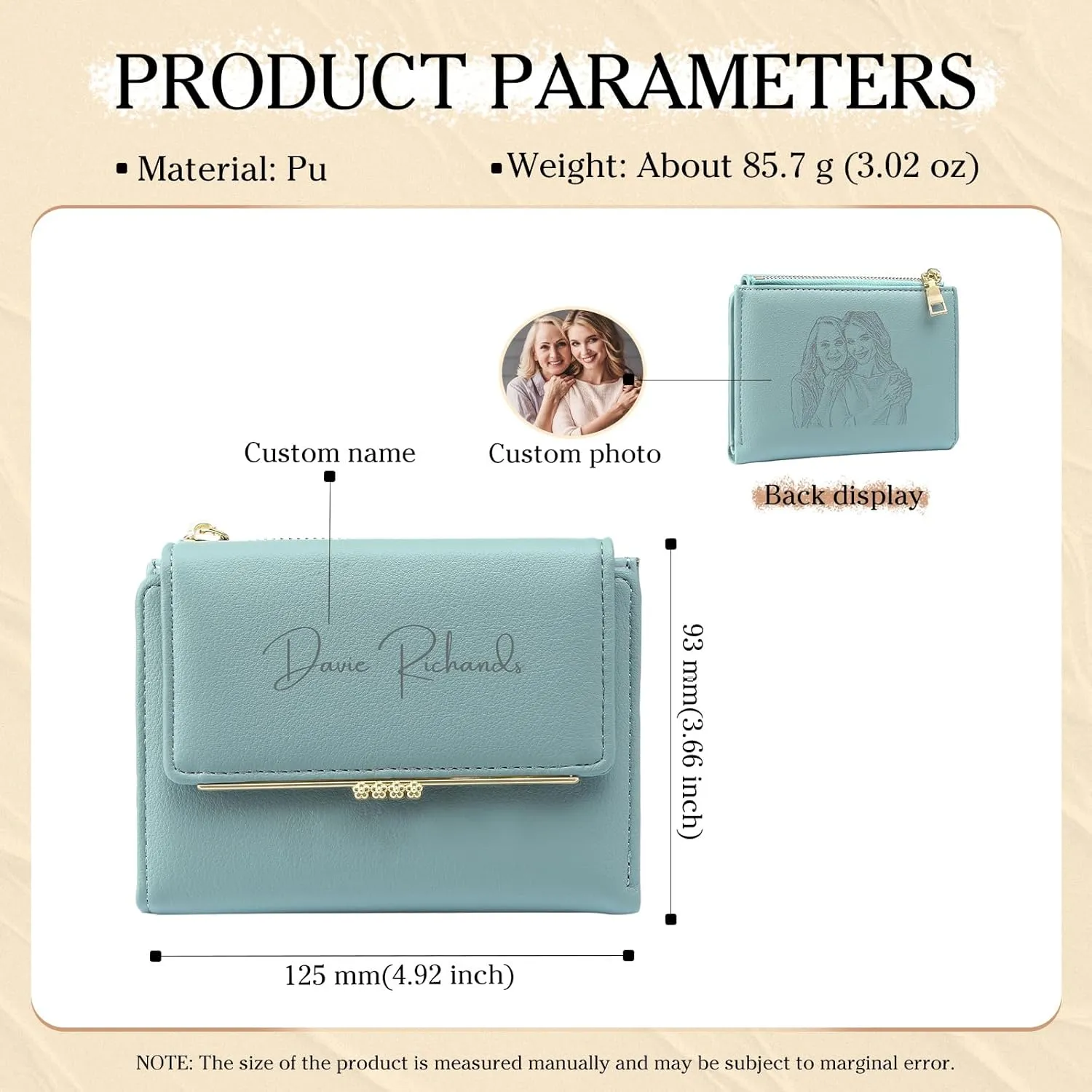 Personalized Photo Small Wallets for Women: Custom Name Picture Leather Womens Wallet - Zipper Coin Pocket Trifold Wallet - Birthday Mothers Day Christmas Gifts for Mom Grandma Ladies (Lake blue)