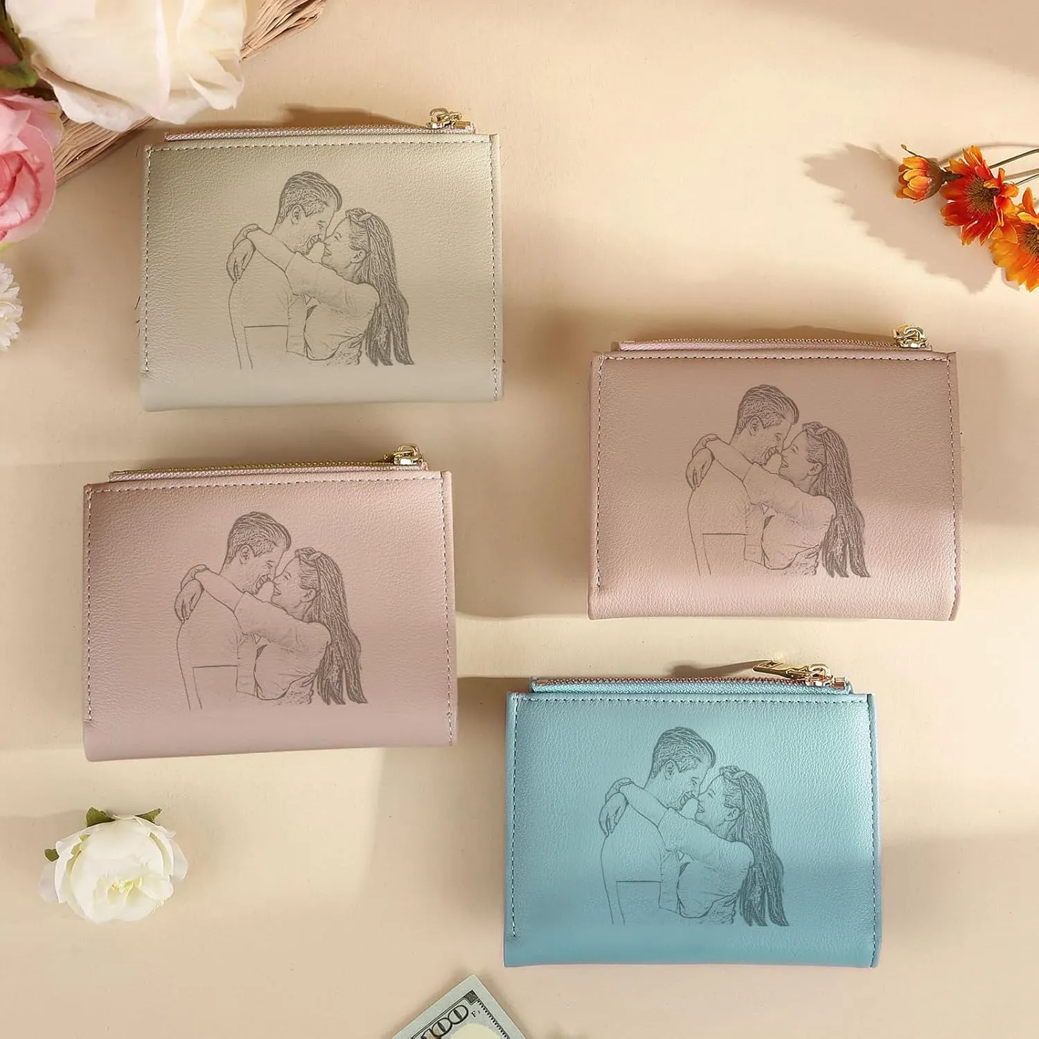 Personalized Photo Small Wallets for Women: Custom Name Picture Leather Womens Wallet - Zipper Coin Pocket Trifold Wallet - Birthday Mothers Day Christmas Gifts for Mom Grandma Ladies (Lake blue)