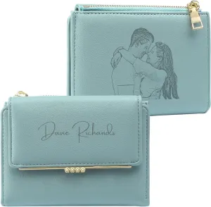 Personalized Photo Small Wallets for Women: Custom Name Picture Leather Womens Wallet - Zipper Coin Pocket Trifold Wallet - Birthday Mothers Day Christmas Gifts for Mom Grandma Ladies (Lake blue)
