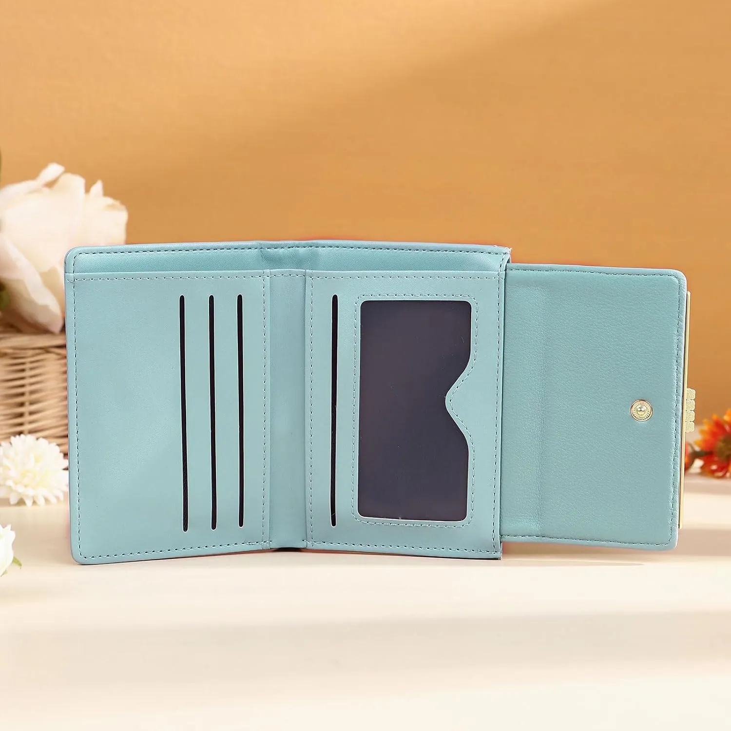 Personalized Photo Small Wallets for Women: Custom Name Picture Leather Womens Wallet - Zipper Coin Pocket Trifold Wallet - Birthday Mothers Day Christmas Gifts for Mom Grandma Ladies (Lake blue)