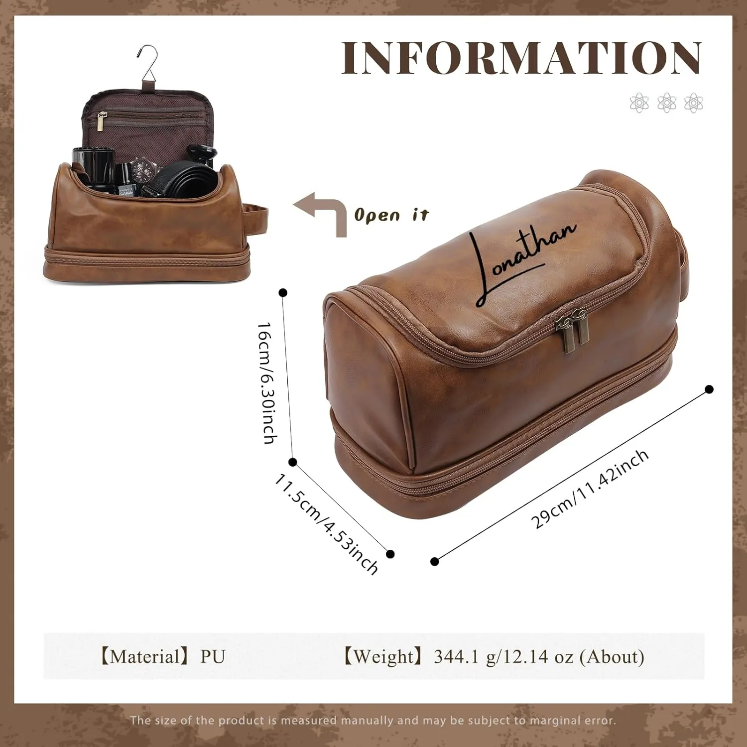 Personalized PU Leather Toiletry Bag for Men – Custom Groomsmen Gifts and Travel Organizer with Hanging Design – Laser Engraved Name, Leather Dopp Kit for Husbands, Fathers, Grooms, (Styles 2)