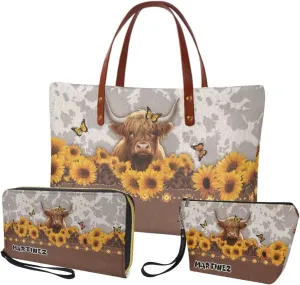 Personalized Purse 3 Pcs Custom Purse and Wallet Set with Makeup Bag Customized Tote Bag with Name for Women