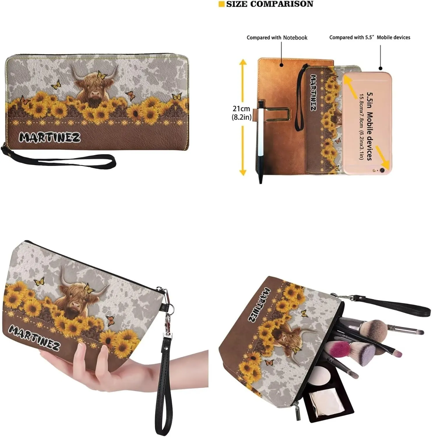 Personalized Purse 3 Pcs Custom Purse and Wallet Set with Makeup Bag Customized Tote Bag with Name for Women
