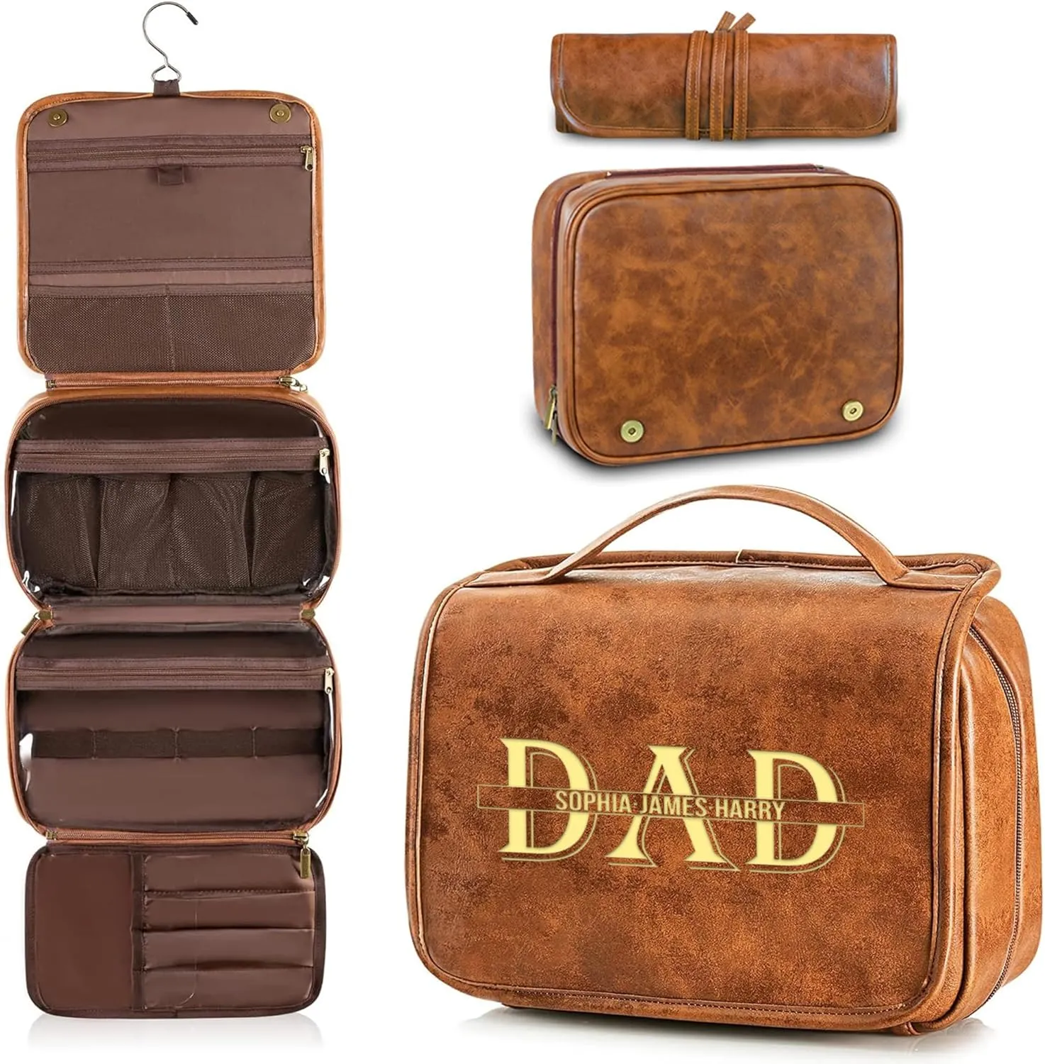 Personalized Toiletry Bag for Men, Fathers Day Dad Gifts, Gifts for Men, Custom Engraved Leather Kit Gift for Dad, Grandpa, Husband, Mens Travel Gift, Waterproof Shaving Travel Kit