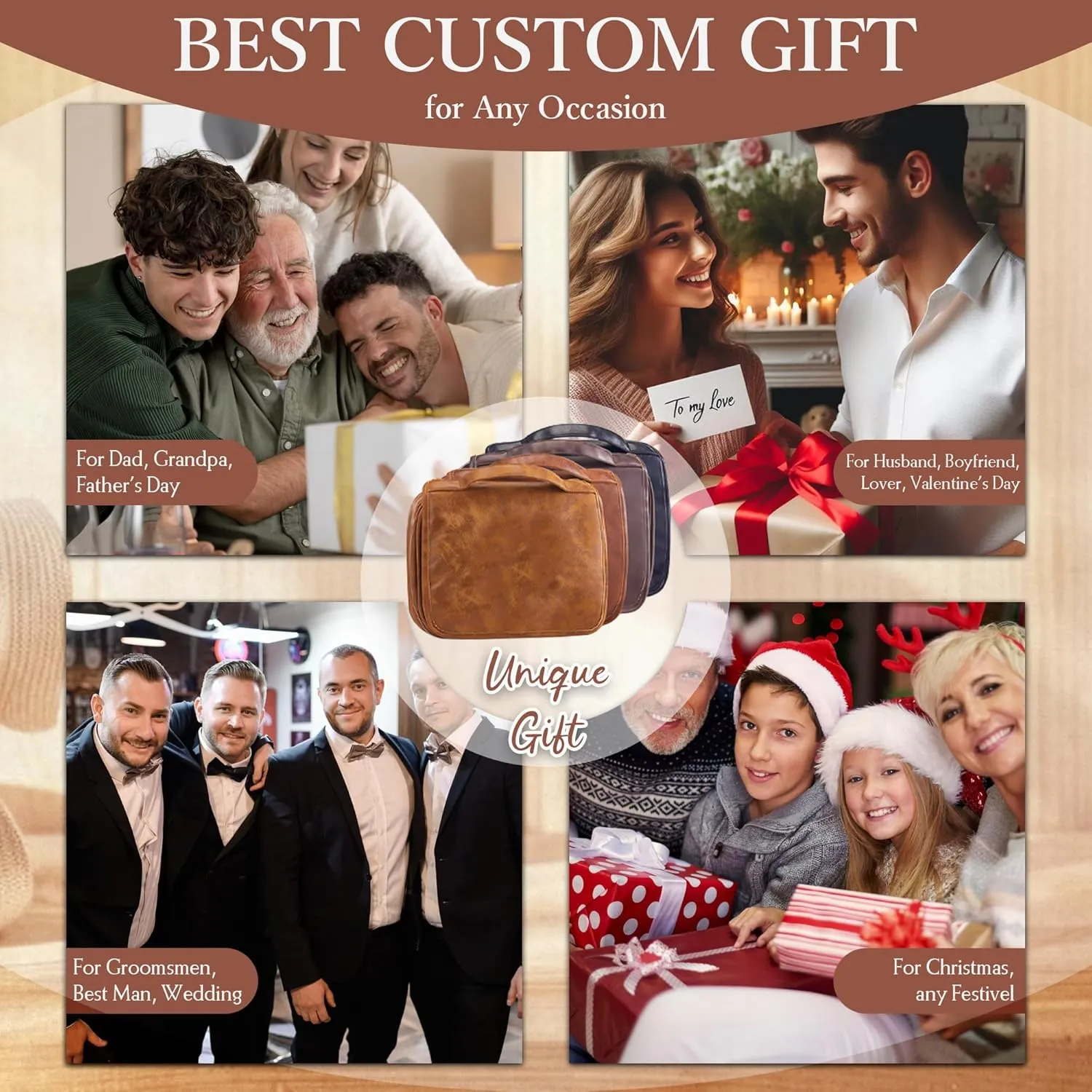 Personalized Toiletry Bag for Men, Fathers Day Dad Gifts, Gifts for Men, Custom Engraved Leather Kit Gift for Dad, Grandpa, Husband, Mens Travel Gift, Waterproof Shaving Travel Kit