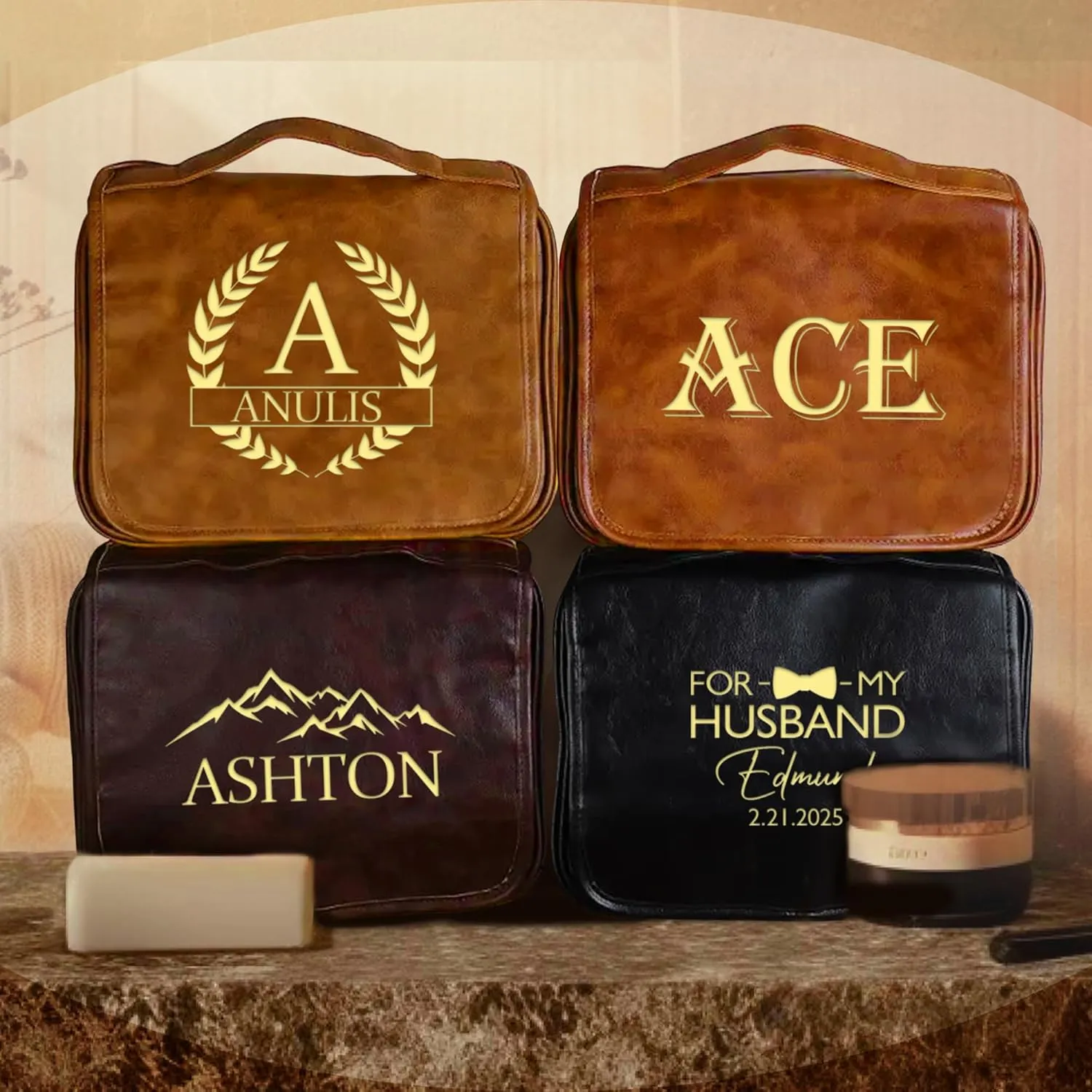 Personalized Toiletry Bag for Men, Fathers Day Dad Gifts, Gifts for Men, Custom Engraved Leather Kit Gift for Dad, Grandpa, Husband, Mens Travel Gift, Waterproof Shaving Travel Kit