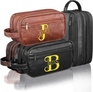 Personalized Toiletry Bag for Men, Waterproof Travel Pouch With Embossed Gold Metallic Foil Initials Name,Customized PU Leather Travel Dopp Kit Bag, Valentine's Father's Day Gifts