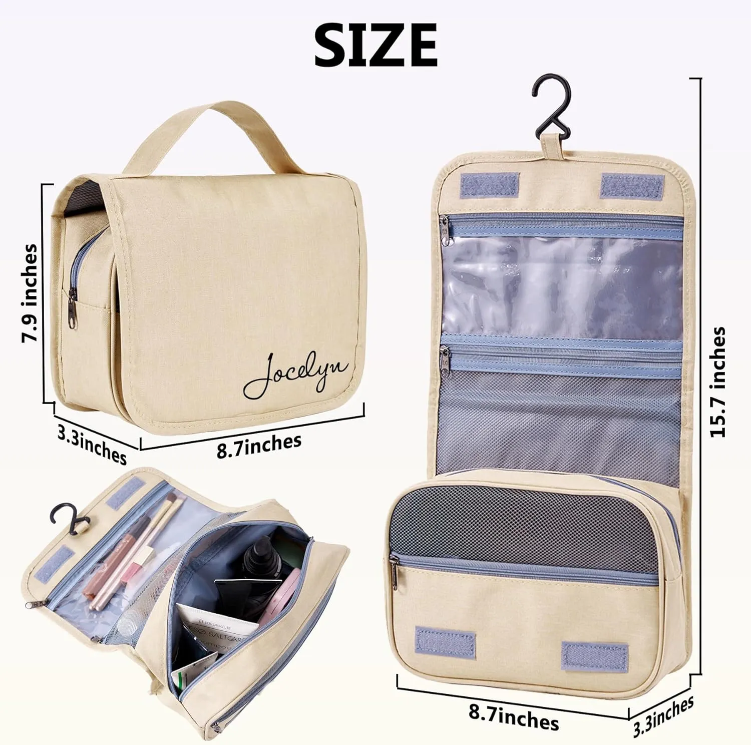 Personalized Toiletry Bag - Large Capacity Cosmetic Bag with Hanging Hook,Waterproof Travel Makeup Bag,Makeup Organizer for Women,Travel Essentials