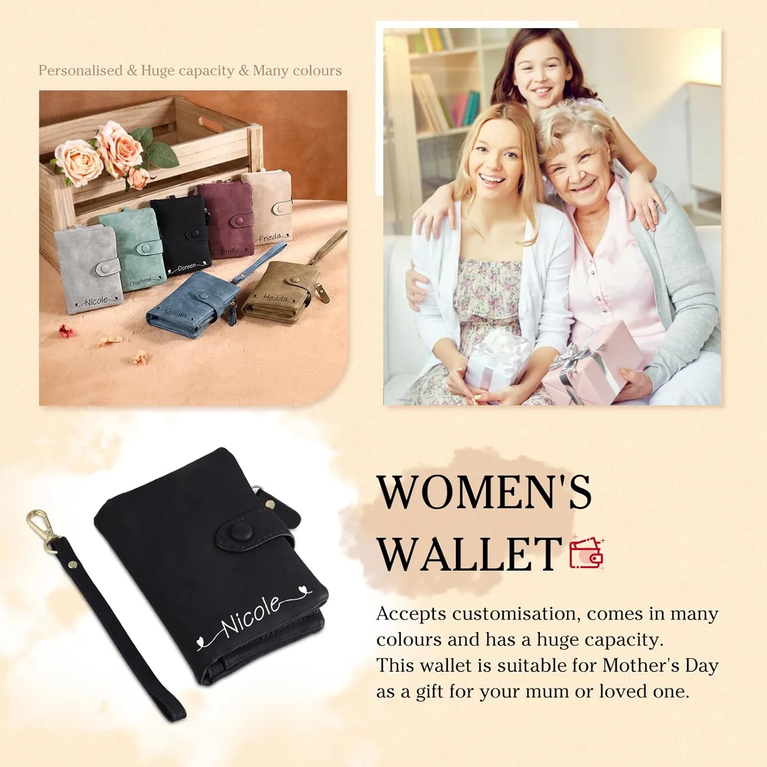 Personalized Wallets for Women: Custom Name Birth Flower Wristlet leather Womens Wallet- Gifts For Birthday Mothers Day (Black-3)