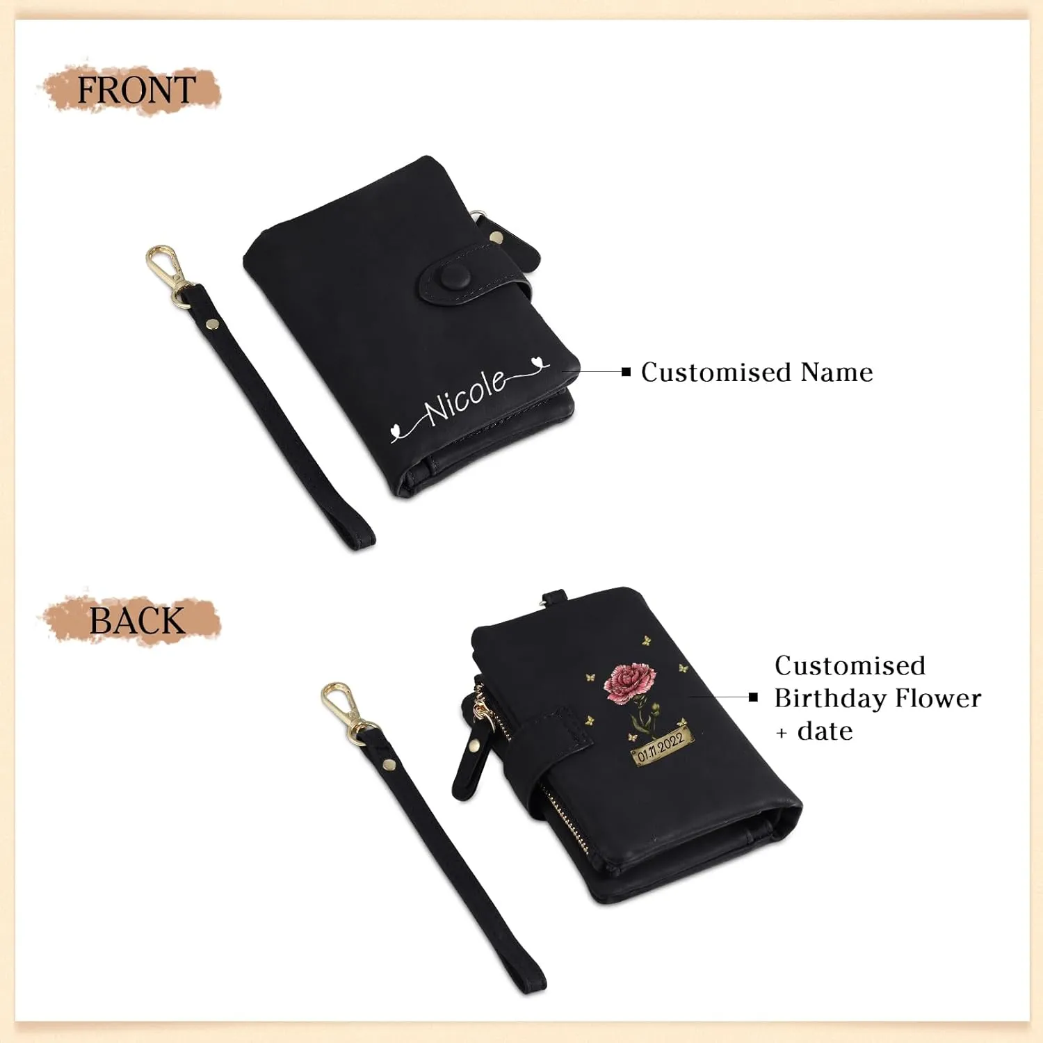 Personalized Wallets for Women: Custom Name Birth Flower Wristlet leather Womens Wallet- Gifts For Birthday Mothers Day (Black-3)