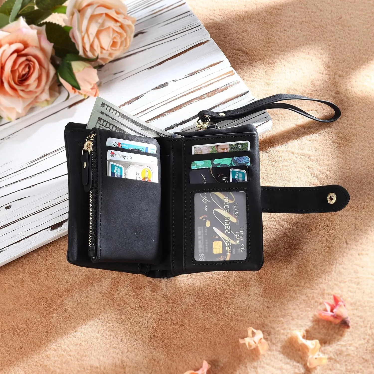 Personalized Wallets for Women: Custom Name Birth Flower Wristlet leather Womens Wallet- Gifts For Birthday Mothers Day (Black-3)