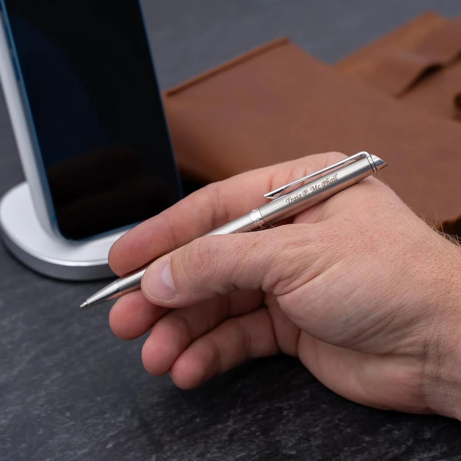 Personalized Waterman Pen | Engraved Waterman Hemisphere Ballpoint Pen with Brushed Stainless Finish and Silver Trim. Custom Executive Gift Pen.