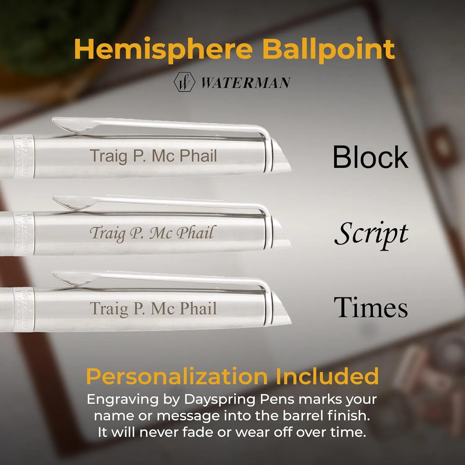Personalized Waterman Pen | Engraved Waterman Hemisphere Ballpoint Pen with Brushed Stainless Finish and Silver Trim. Custom Executive Gift Pen.