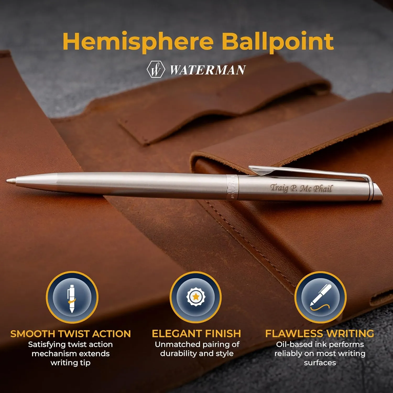Personalized Waterman Pen | Engraved Waterman Hemisphere Ballpoint Pen with Brushed Stainless Finish and Silver Trim. Custom Executive Gift Pen.